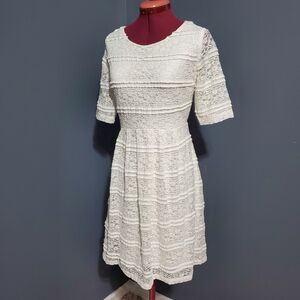 Enfocus Studio White Lace Fit and Flare Midi Dress 1/2 Sleeves Size 10